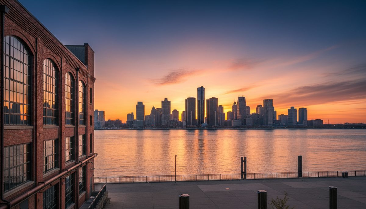 The Detroit riverfront at sunset with a generic skyline across the river and warm gold light on industrial brickwork in the foreground.